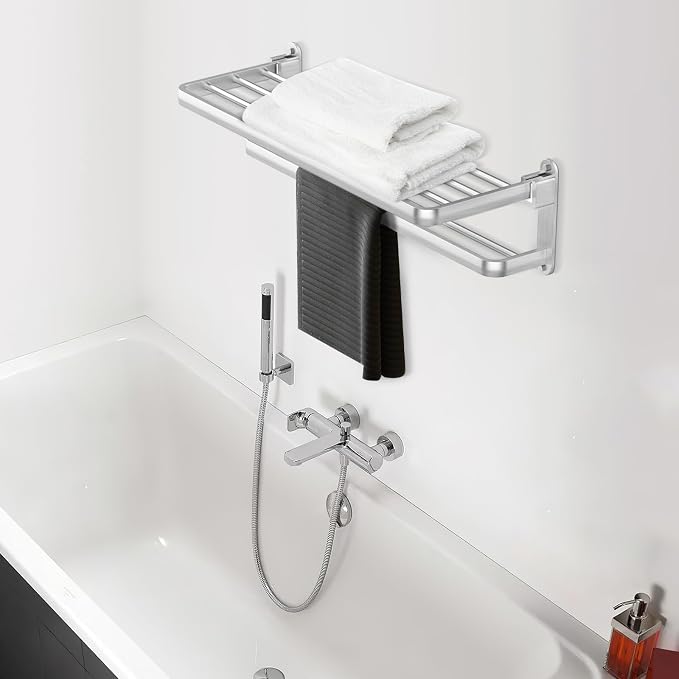 BOZWELL Bathroom Lavatory Towel Rack with Two Towel Bars,Brushed Satin Nickel 24-Inch Towel Shelf with Towel Bar,Towel Holder 1011-BSN-60 (Brushed Satin Nickel Finish)