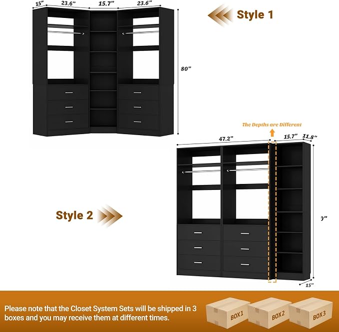 Besiost Closet System with 6 Drawers & 10 Shelves, Corner Closet Organizer System, Reversible Walk-in Closets, (L-Shaped 31.5" L * 31.5" W / I-Shaped 62.9" L * 15" W), Load 1500+LBS, Black