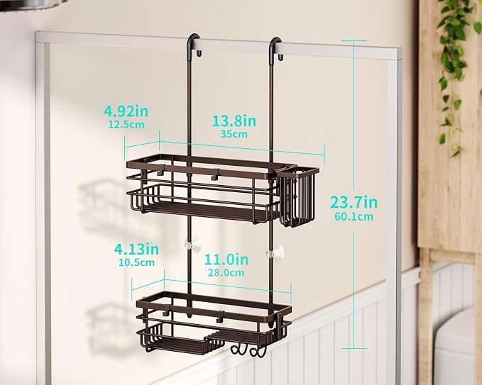 HapiRm Hanging Shower Caddy Organizer - No Drilling Shower Shelves with Hooks and Toothbrush Holder, Rustproof 304 Stainless Steel Bathroom Organizer - Bronze