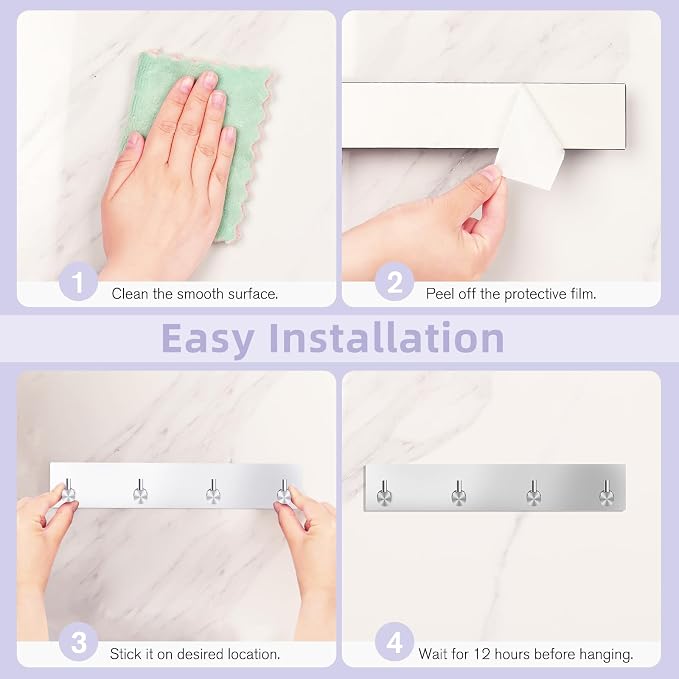 VIS'V Key Holder Wall Mount, Large Adhesive Key Hanger with 4 Hooks, Silver | Metal Material, No Drilling, Extra Adhesive Strip, Suitable for Entryway, Hallway, Doorway, Kitchen, Garage, Camper