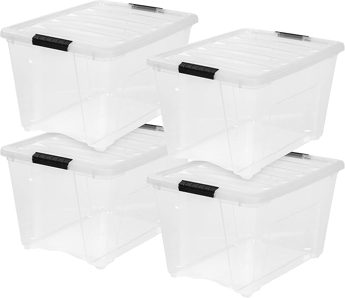 IRIS USA 4-Pack 54 Quart Storage Bins with Lids, Clear | Transparent design makes contents easy to find. Perfect for moving, blankets, clothing, and garage storage. Nestable design