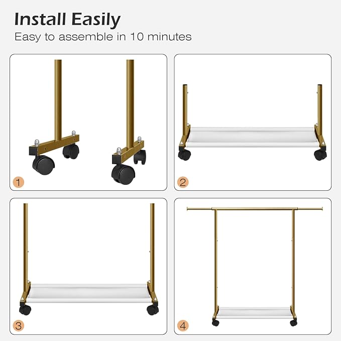 MISSLO Short Clothing Racks for Hanging Clothes with Bottom Shelves and Wheels Heavy Duty Rolling Clothes Rack Kids Clothing Rack for Adult Coat, Closet, Wardrobe (Gold)