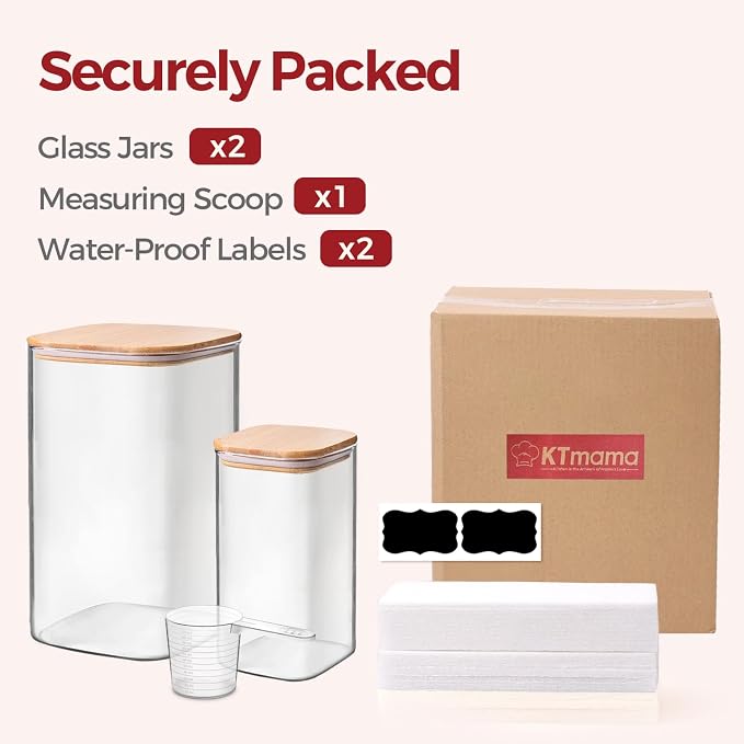 Glass Flour Containers with Bamboo Lids 1.6/4.6 Qt 2 Pack | Wide Mouth, Scoop Included, Kitchen Organizer,Flour Sugar Coffee Beans Pasta Cereal Dry Food Storage
