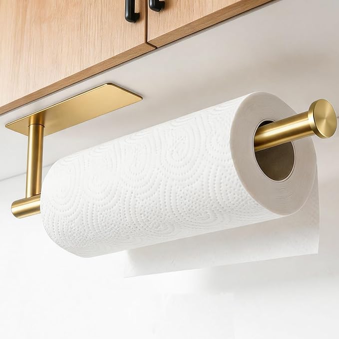 theaoo Under Cabinet Paper Towel Holder for Kitchen, Adhesive, Gold | Wall Mounted Paper Towel Roll Rack for Bathroom or Kitchen, SUS304 Stainless Steel, Self-Adhesive or Screw Installation