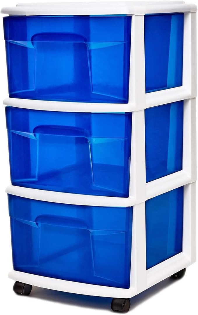 HOMZ 3-Drawer Storage Cart, Plastic Home & Office Organizer, Blue w/ White Frame