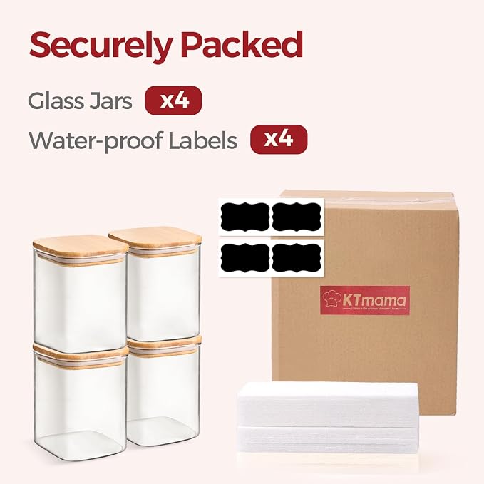 Glass Pantry Storage Containers with Bamboo Lids 1Qt 4 Pack Square | Pantry Organization, Coffee Beans Flour Sugar Pasta Cereal Dry Food Storage, Labels Included, Kitchen Organization