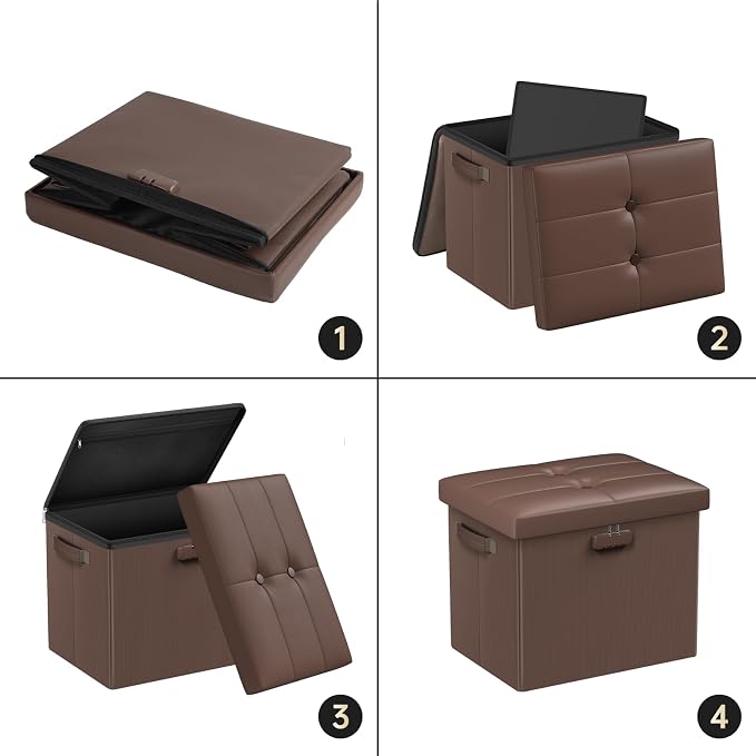 DocSafe Storage Ottoman Foot Rest Stool with Lock & Handle, Fireproof Folding Leather Footstool Bench with Storage Safe for Living Room Bedroom, Home Office, Dorm, 17x13x13in, Brown