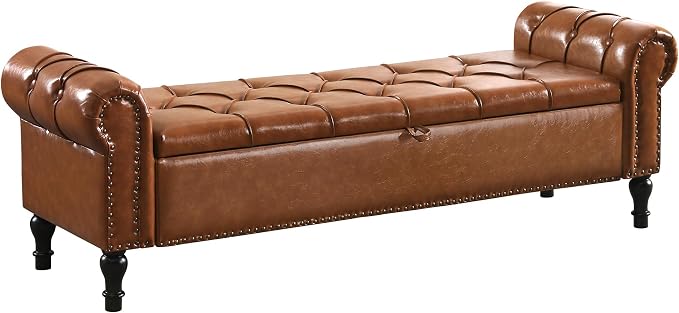 Storage Bed Bench for Bedroom, Faux Leather 67" End of Bed Benches, King Size Bench with Arm, Tufted Button Upholstered Ottoman Bench for Living Room, Entryway, Yellow Brown