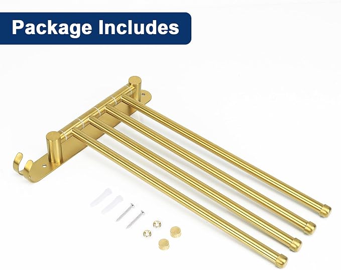 NearMoon Swivel Towel Rack, 13.8" Thicken 304 Stainless Steel 4-Arm Towel Bar, Space Saving Wall Mounted Towel Holder with Hook, Rustproof Swing Out Towel Hanger for Bathroom, Kitchen (Brushed Gold)