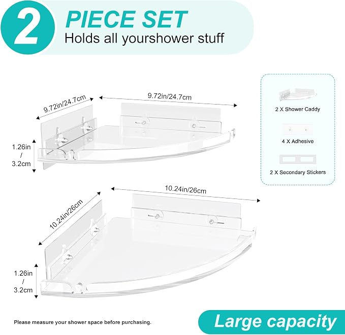 Acrylic Corner Shower Shelves, Adhesive Shower Caddy Organizer for Bathroom Storage Home Decor, Clear Rustproof No Drilling Wall Shelf, 2-Pack