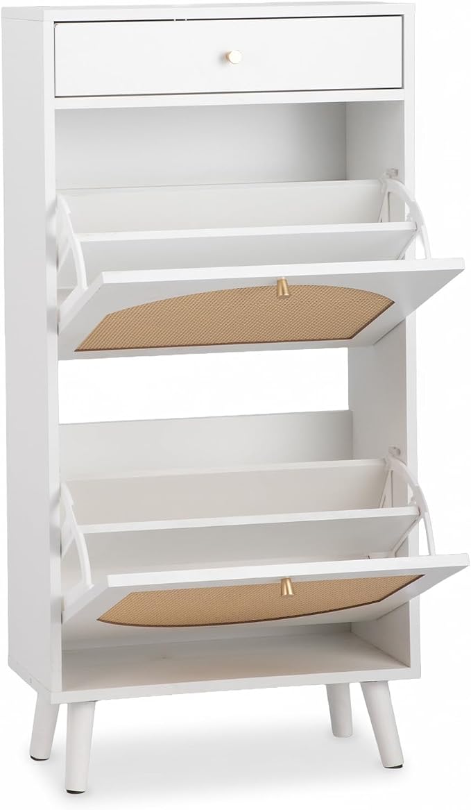 VINGLI Rattan Shoe Cabinet, White Slim Shoe Storage Cabinet for Entryway, Modern Boho 2 Flip Drawer Shoe Rack Organizer with Top Drawer, Narrow Hidden Shoe Storage for Hallway, 21.3" W x 9.4" D