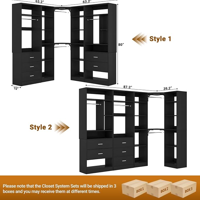 Besiost Corner Closet System with 5 Drawers, Closet Organizer System with 15+Shelvess & 4 Hanging Rods, 63.2"L * 63.2"W / 87.2"L * 39.2"W Reversible L Shaped Walk-in Closets, Load 2500+LBS, Black