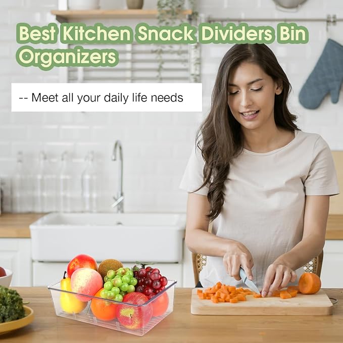 ZIZOTI Snack Organizer for Pantry Shelf, 4 Pack Clear Plastic Pantry Storage Bins with 3 Dividers for Snacks, Spices, Chips Food Organizer, Stackable Pantry Organizers for Kitchen, Fridge, Cabinet