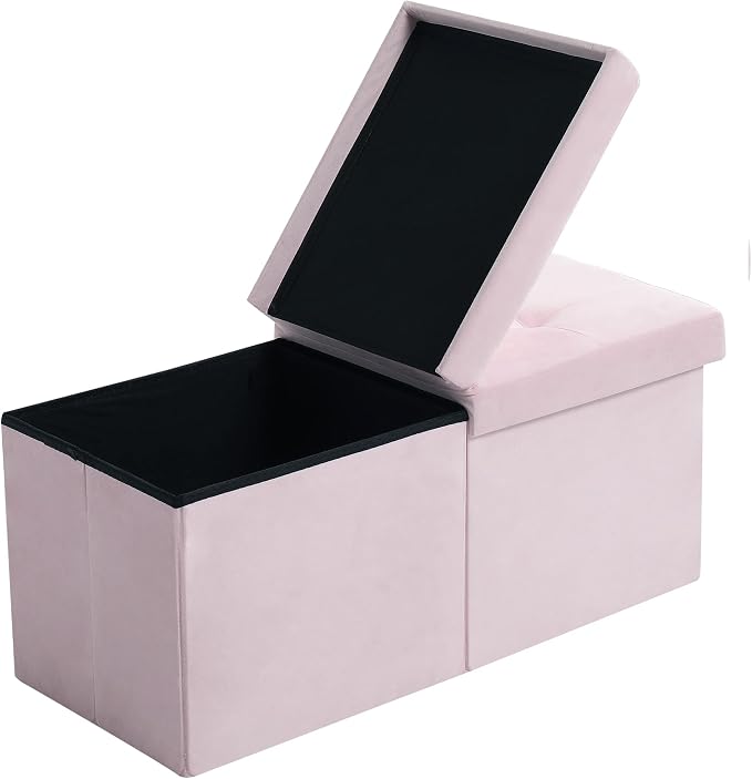 Storage Ottoman Bench Foldable Seat Footrest Shoe Bench End of Bed Storage with Flipping Lid, 75L Storage Space, 30 inches Velvet Pink