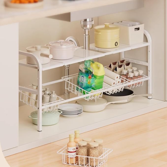 Under Sink Organizer,2 Tier Expandable Heavy Duty Metal Shelf,with 5 Removable Panels and 5 Storage Basket for Under Kitchen Bathroom Sink Organizers and Storage(White, Large)