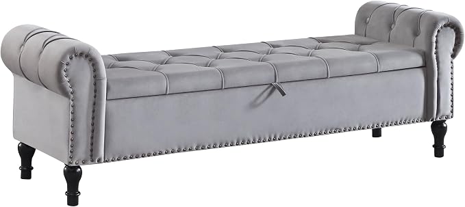 Velvet Storage Bench 67 Inch Upholstered Tufted Ottoman Bench with Arms King Size End of Bed Bench for Bedroom Living Room Entryway Light Grey