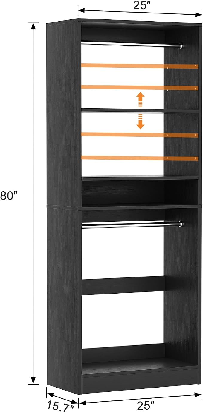 Unikito Freestanding Closet System, 25” Closet Organizer Wardrobe with Hanging Rod & Shelves, Adjustable Clothes Garment Rack, Sturdy Walk in Towers, Easy Assembly, 25" W x 16" D x 80" H, Black