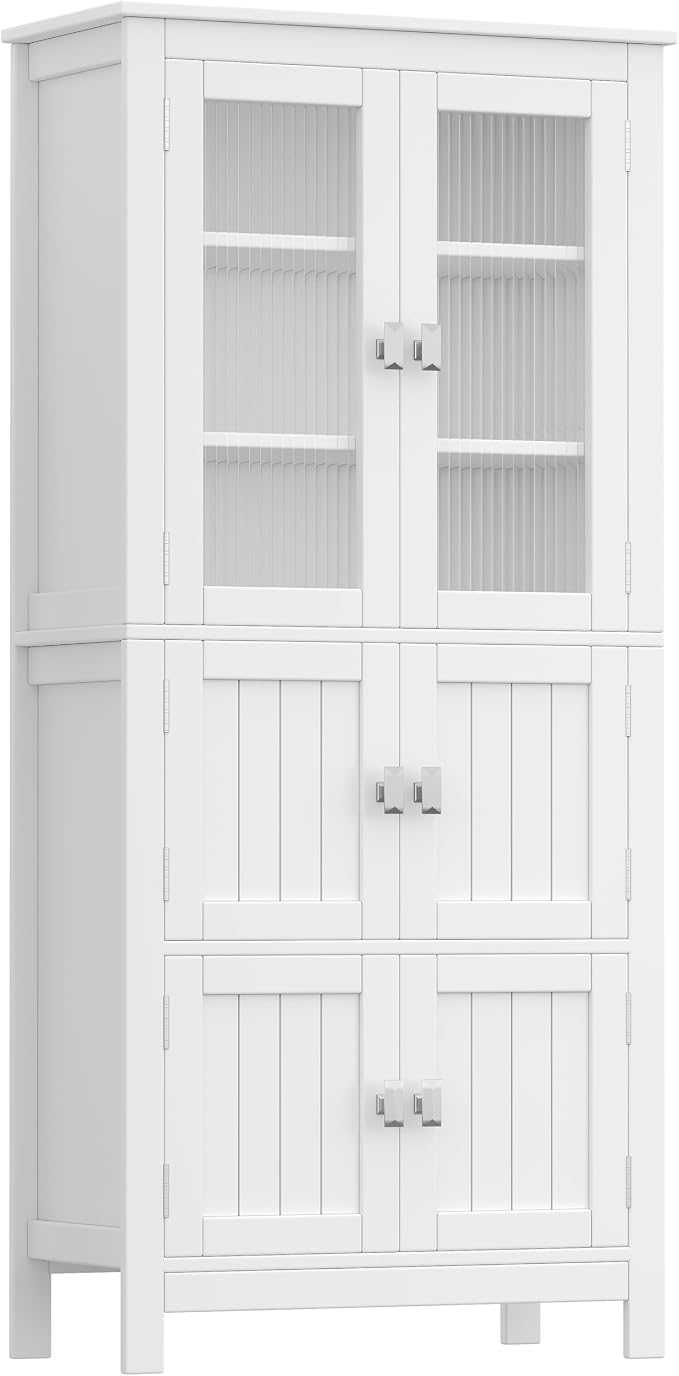 Akxomel 53.1" H Tall Bathroom Storage Cabinet, Bathroom Floor Cabinet with 6 Doors and Adjustable Shlef, Linen Cabinet, Pantry Cabinet for Living Room, Kitchen, Entryway, White