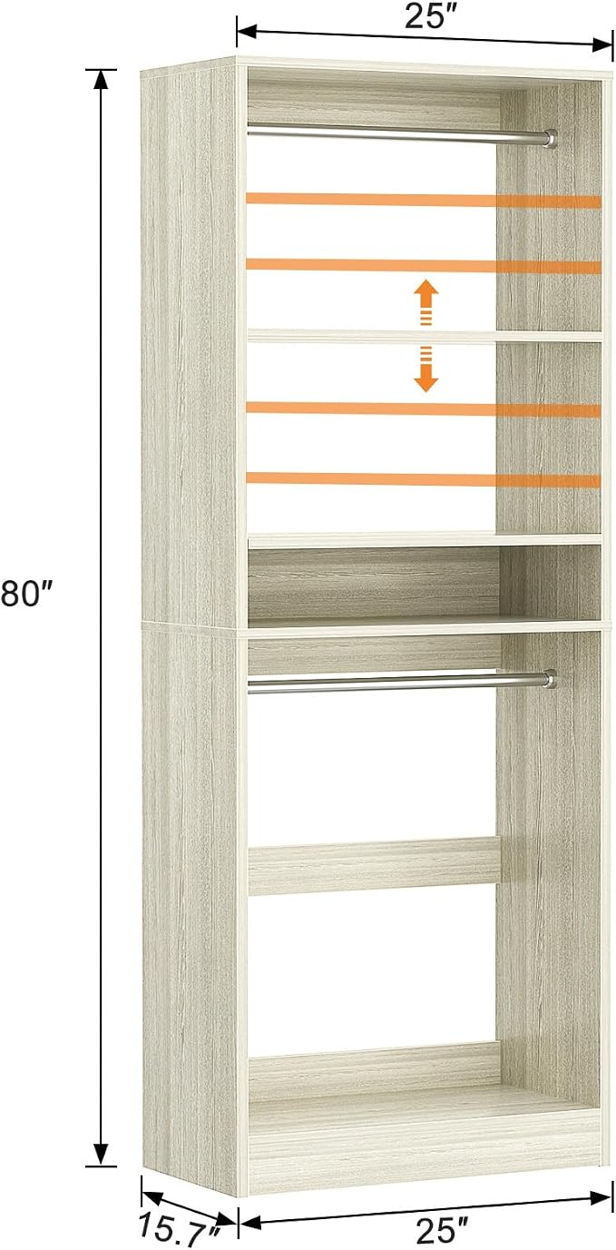Unikito 25” Closet System, Freestanding Closets Organizer Wardrobe with Hanging Rods and Shelves, Adjustable Clothes Garment Racks, Sturdy Walk in Closet Tower, 25" W x 16" D x 80" H, White Oak