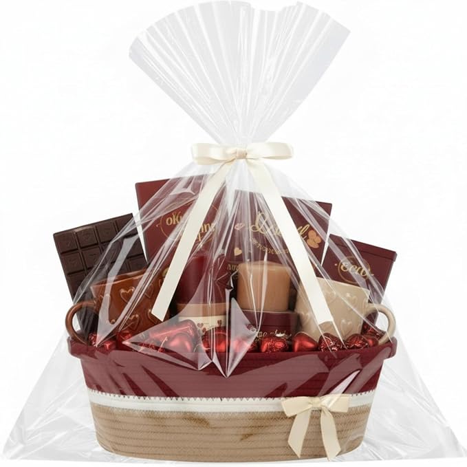 Colingmill 1 Set Woven Empty Basket for Gift,Brick Red Khaki | with Cellophane Wrap Set, 14 x 10 x 5.5 Inch, Medium Decorative Gift Basket, Cotton Rope Storage Box, Home Decor