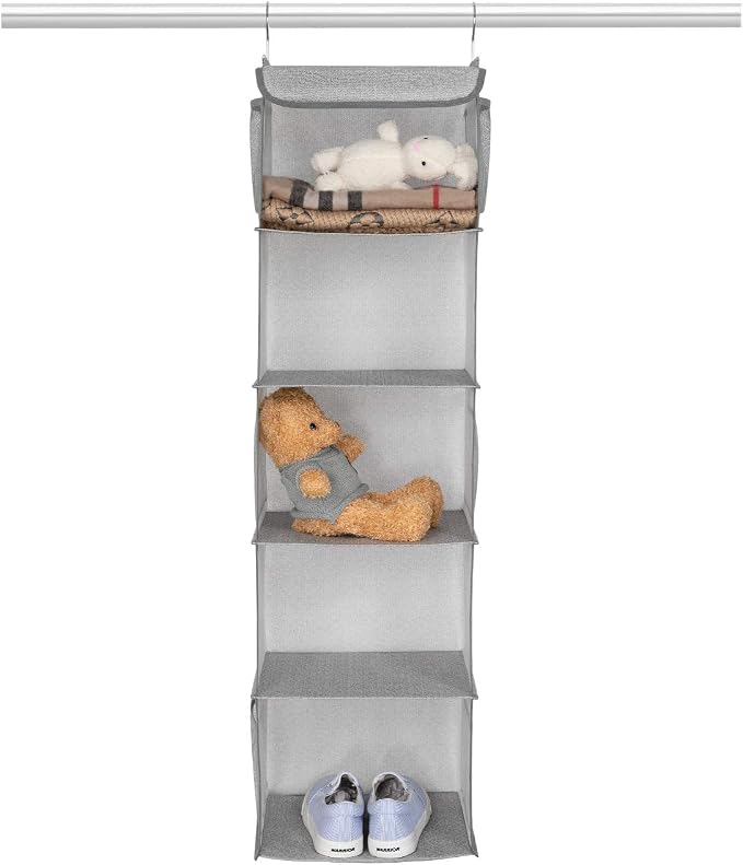 BrilliantJo 5 Shelves Hanging Closet Organizer, 2 Pack Hanging Storage with 6 Side Pockets for Clothes Bags, 43"x12"x12"(Light Gray)