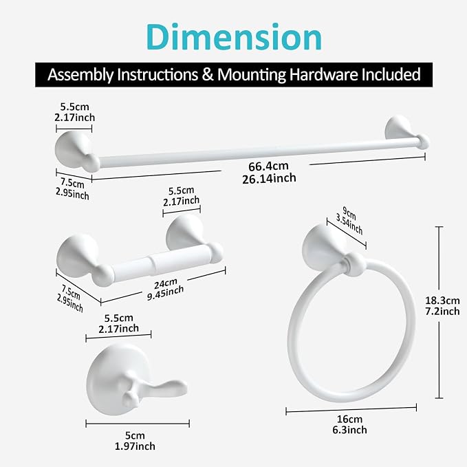BGL Bathroom Accessories Set, White Paint Expandable Towel Bar 4-Piece Bathroom Accessory Set Wall Mounted Towel Ring Robe Hook Toilet Paper Holder Towel Holder