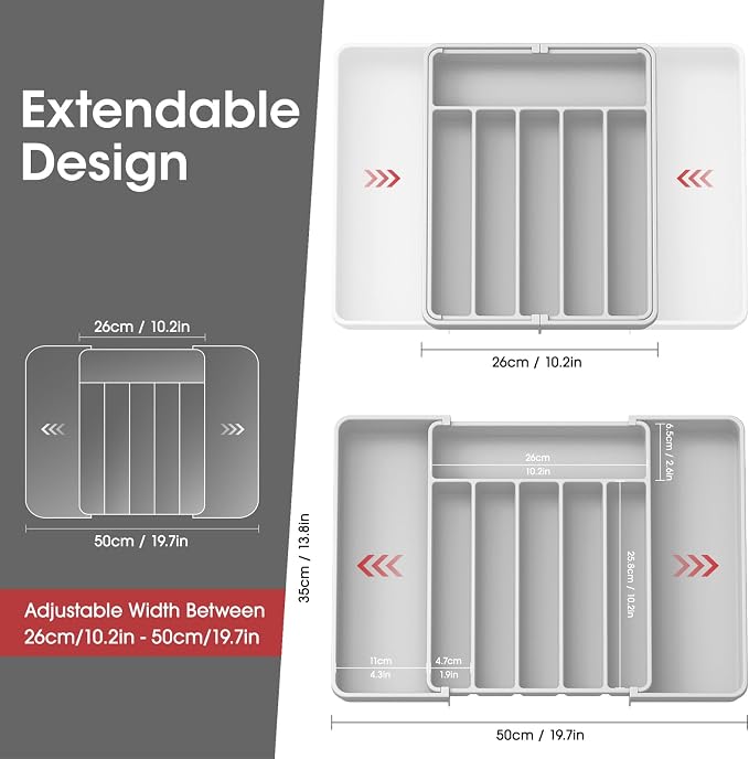 Aujen Silverware Drawer Organizer, Adjustable Utensil Cutlery Tray | Expandable Kitchen Organizer for Forks Knives, Multipurpose Kitchen Storage, Apartment Essentials, Light Grey, Large