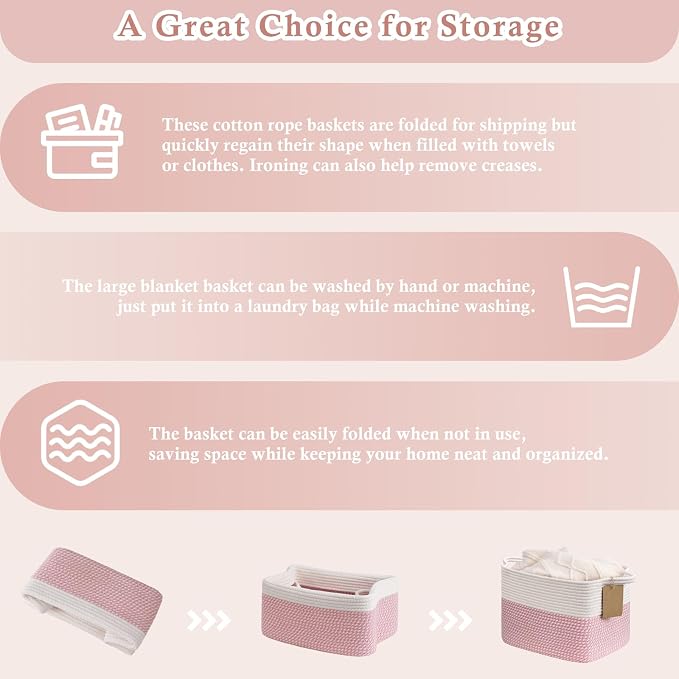 Goodpick Small Woven Storage Baskets for Organizing, Pink & White | 13 × 10 × 9 in, Reinforced Handles, Nursery, Bedroom & Shelf Organization, Toys, Books, Baby Essentials & Gift Giving