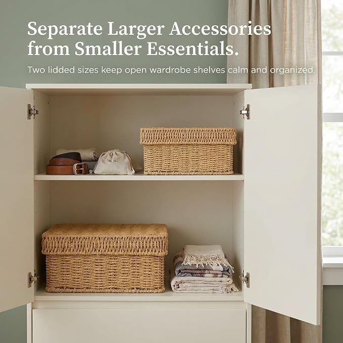 Wicker Storage Baskets with Lids for Shelves, 2-Basket Set, Natural | Two rectangular wicker baskets with removable lids, large and medium, for decorative shelf storage; lids flip into trays.