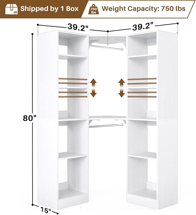 Besiost Corner Closet System with 12 Shelves, 39.2" Corner Closet Organizer | Corner Closet Tower with 2 Hanging Rods, Versatile 6-Tier Walk-in Closets for Corner Space, White (39.2" L x 39.2" W x 80" H)