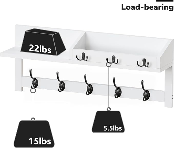 AMBIRD Wall Hooks with Shelf, 26.57 Inch Entryway Wood Coat Hooks for Wall, Coat Rack Wall Mount with 5 Dual Hooks 3 Key Hooks Mail Organizer and Key Rack Holder (White)
