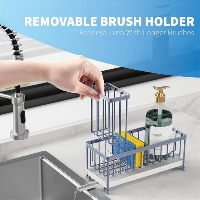 Cisily Sponge Holder for Kitchen Sink, Sink Caddy Organizer with High Brush Holder, Kitchen Countertop Organizers and Storage Essentials, Rustproof 304 Stainless Steel (Gray Blue, 9.25″)