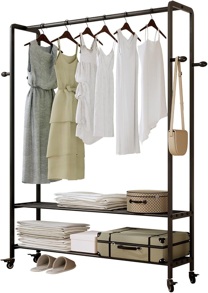 Black Rolling Garment Rack with Shelves and Hooks,Freestanding Metal Clothing Rack with Wheels,Modern Clothes Hanging Rack for Bedroom,Closet,Boutique Display