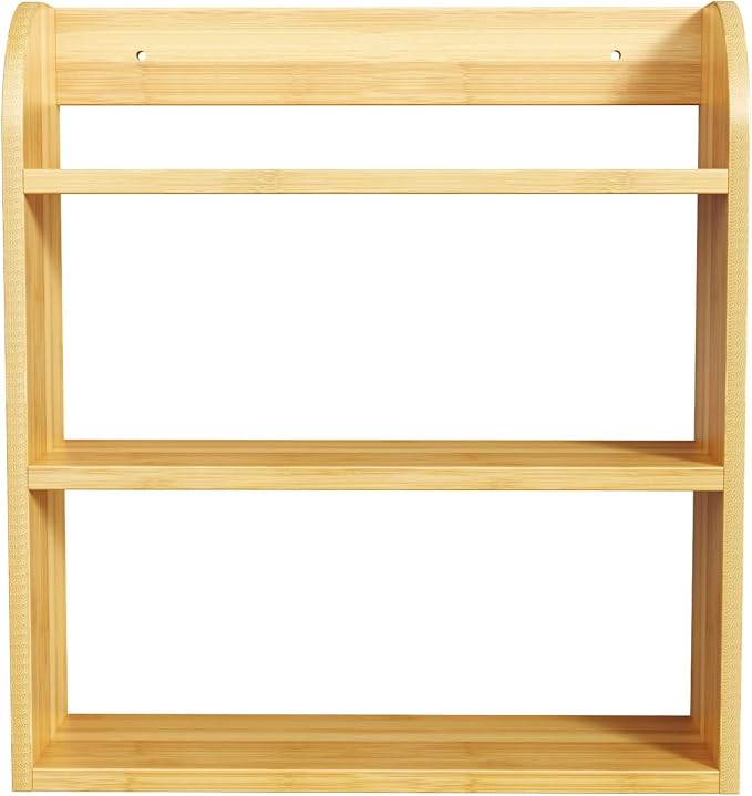 ROMGUAR CRAFT 3 Tier Bamboo Spice Rack, Countertop or Wall Mounting Wood Spice Jars Organizer Shelf for Kitche, Pantry (Natural)