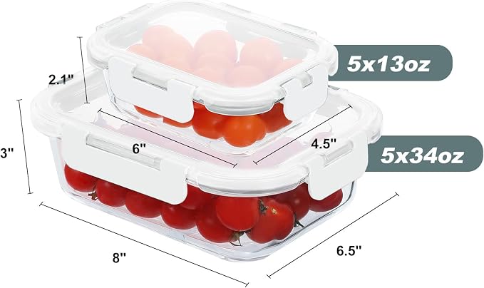 10 Pack Glass Food Storage Containers with Lids, White | Meal Prep Containers Set, Airtight Glass Lunch Boxes, BPA-Free, Freezer, Oven, and Microwave Safe