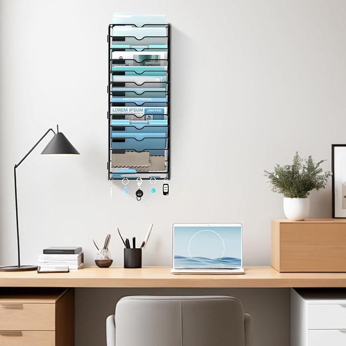 13 Tier Wall File Organizer - Hanging File Organizer with 5 Hooks, Mail Holder Wall Mounted for Papers, Folders, Magazines, Bills, Office&School Organization, Black