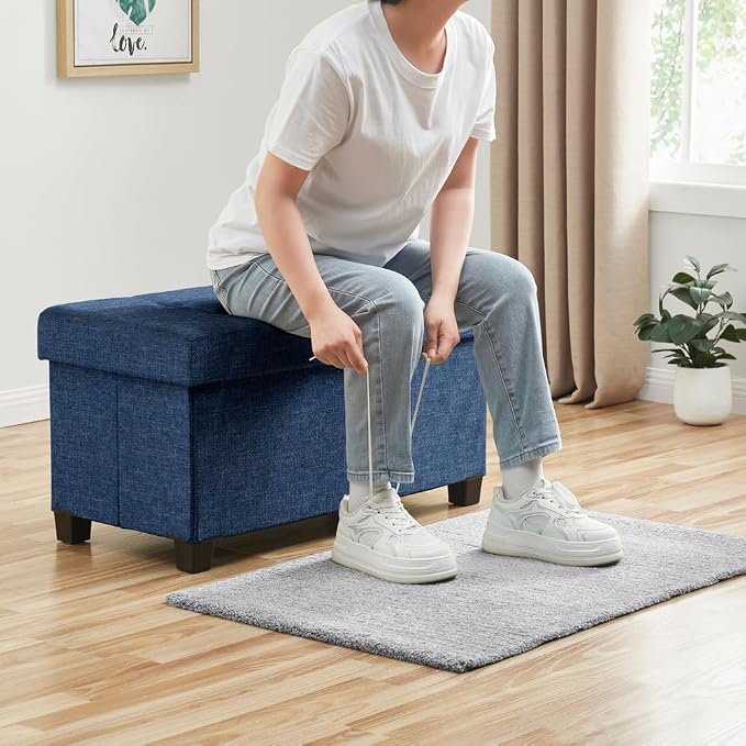 Ornavo Home 30" Large Storage Ottoman Bench with Legs, Navy Blue | Foot Rest Stool; Ottoman with Hidden Storage; Ideal for Bedroom, Living Room, Entryway or Home Office