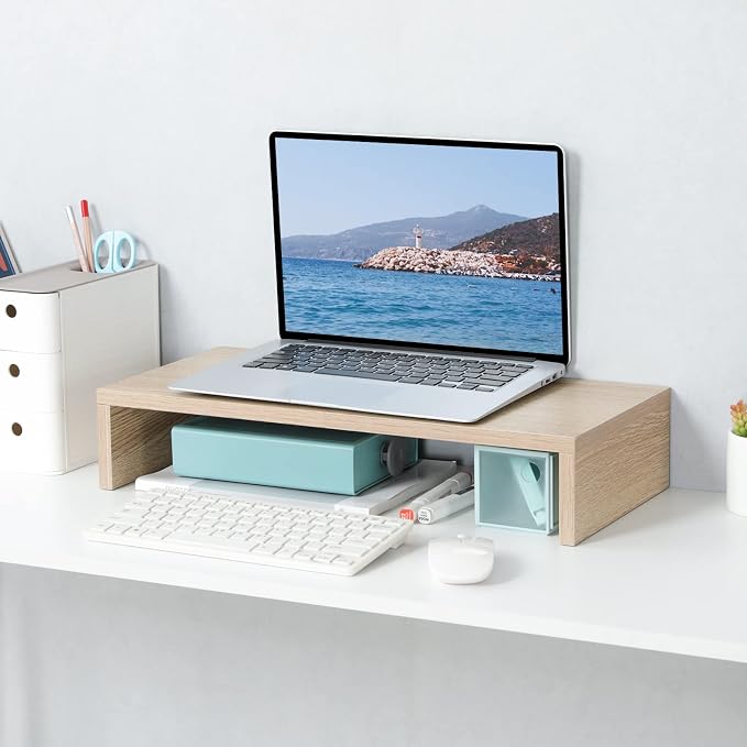 TEAMIX 20 inch Wood Monitor Stand Riser, Wooden Desktop Stand Shelf, Maple | Fits Laptop, Printer, TV, PC, Keyboard Storage, Space-Saving, Ergonomic Design, Desk Organizer for Home Office Gaming Vanity