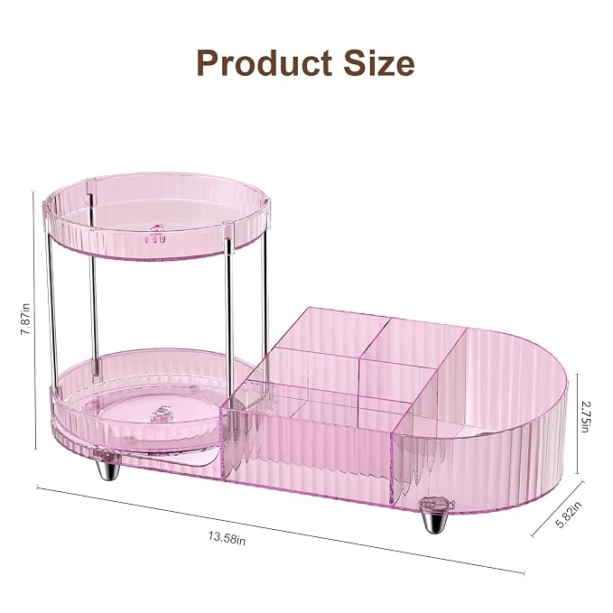 360 Rotating Vanity Makeup Organizer, 2 Small Trays & 5 Compartments for Cosmetics, Skincare, Perfume, Lipstick & Make up Brushes Holder, Dresser Countertop Organizers and Storage for Bathroom, Desk