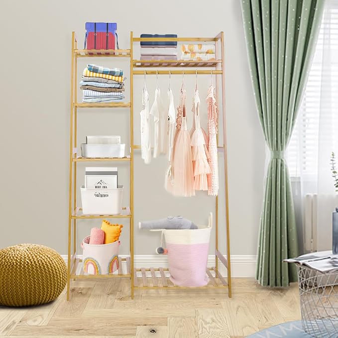 Jotsport Bamboo Clothes Rack with 7 Tier Storage Shelves Child Garment Rack | Clothing Hanging Stand for Small Spaces Freestanding Wardrobe Closet for Kids Bedroom Living Room