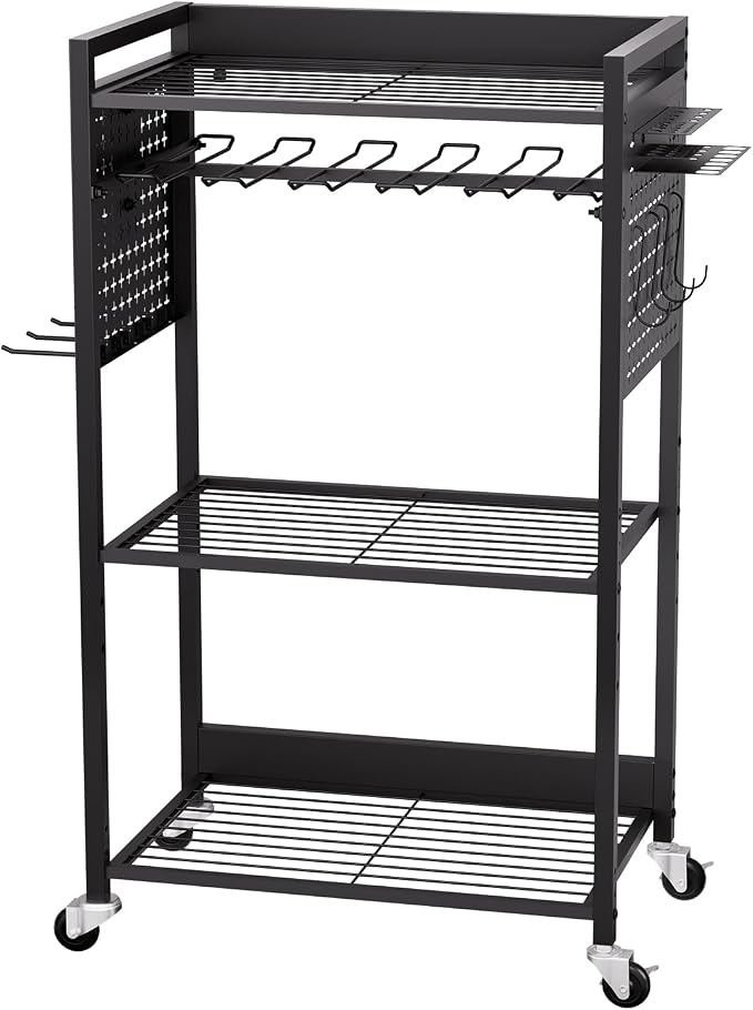VEVOR 4-Tier Tool Organizer Cart, 150 lbs Load Capacity, Floor Stand Rolling Drill Holder and Stability Storage Rack, Heavy Duty Garage Floor Rolling Storage Cart for Workshop, Garage, Black