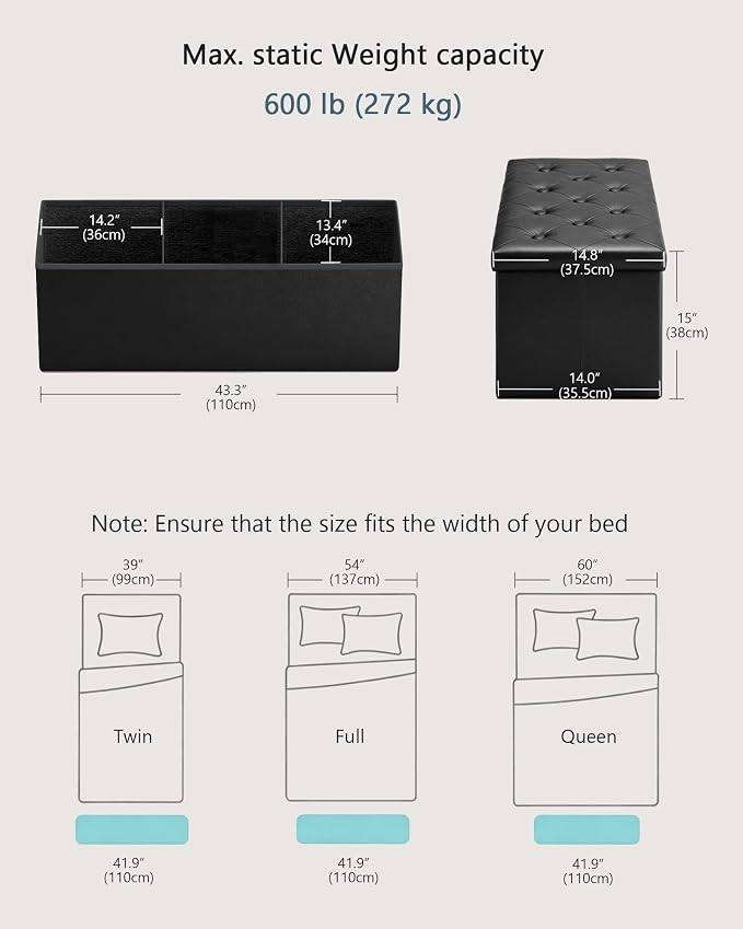 GLAXYFUR 43" Storage Ottoman Bench, Folding Ottoman with 2 Dividers, Black | End of Bed Bench, PU Leather Foot Rest, Storage Chest for Living Room, Bedroom and Entryway