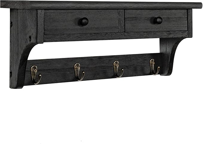 Emfogo Wood Coat Hooks Wall Mounted, Rustic Style with 4 Hooks & Shelf for Entryway, Mudroom, Bedroom, Kitchen, Bathroom (Black)