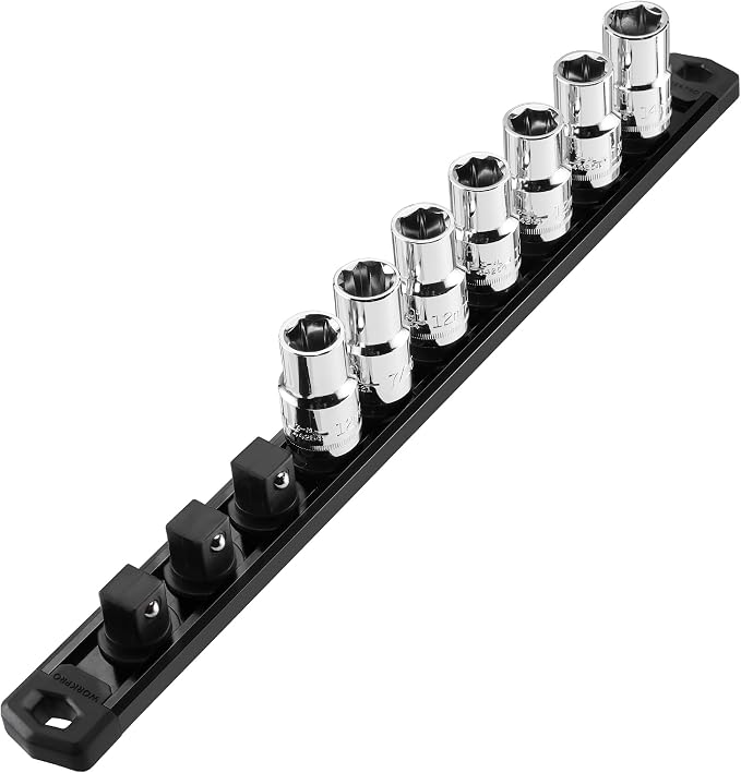 WORKPRO Magnetic Socket Organizer, Heavy Duty 1/2-Inch Drive Socket Rail | 1 Piece Socket Holder with 10 Spots, Aluminum Alloy, Rotatable & Movable Clips, Efficient Organization