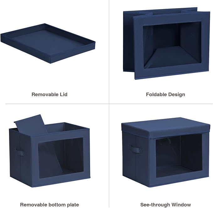 Homsorout Stackable Storage Bins with Lids - Large Storage Box with Lids, Foldable Closet Boxes for Organizing, Wardrobe Clothes Organizer with Window, Cubes Bins for Living Room, 3 Pack, Navy Blue