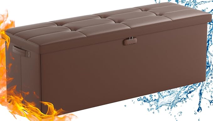 ENGPOW Storage Ottoman, Fireproof Folding Bench with Lock(15”x 43”x15”), Water-Resistant & Heat Insulation Large Storage Chest with Handles&2 Extra Spaces Safe for Living Room, Bedroom, Home, Brown
