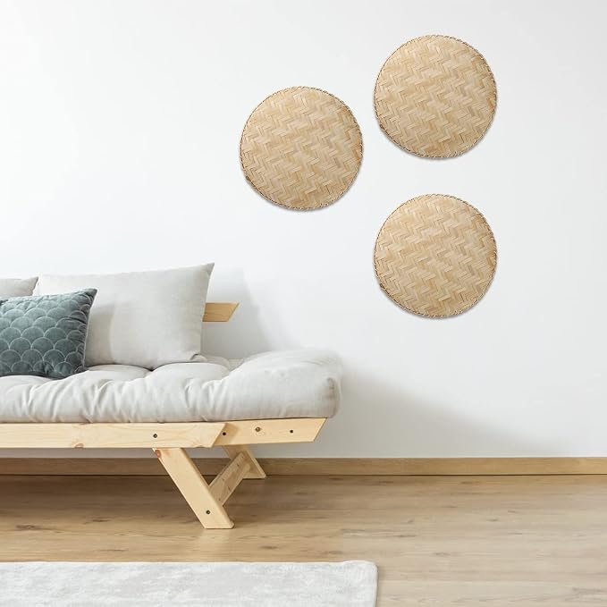 3 Pieces Handmade Bamboo Woven Basket Tray, 13 Inch Round Flat Wicker Baskets, Shallow Food Storage Serving Trays Decorative Wall Hanging Baskets for Breakfast, Fruit, Snacks (Beige)