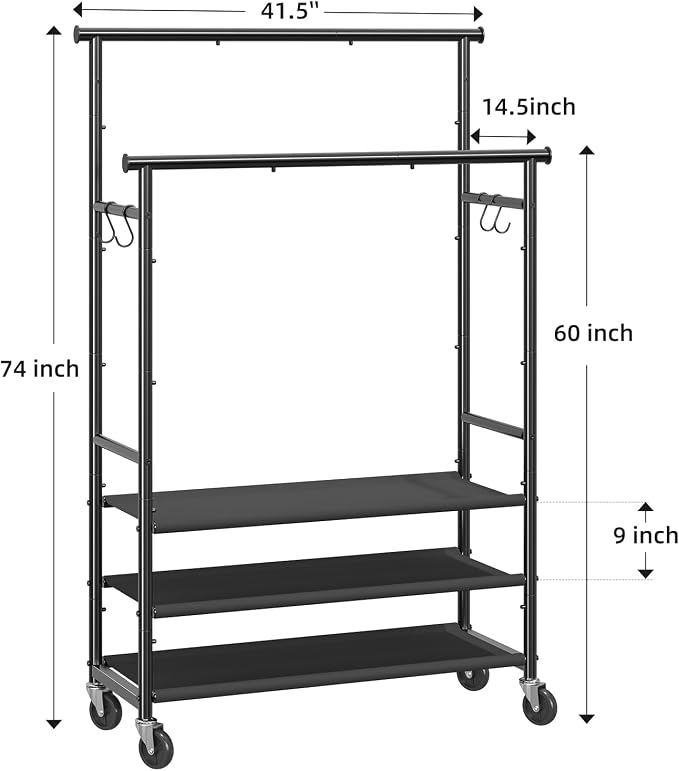 Ekisemio Double Rods Clothes Rack for Hanging Clothes, Rolling Clothing Rack with Wheels, 3-Tier Hanging Rack with Mesh Shelves, Holds 300 LBS for Bedroom, Laundry, Living Room, Black