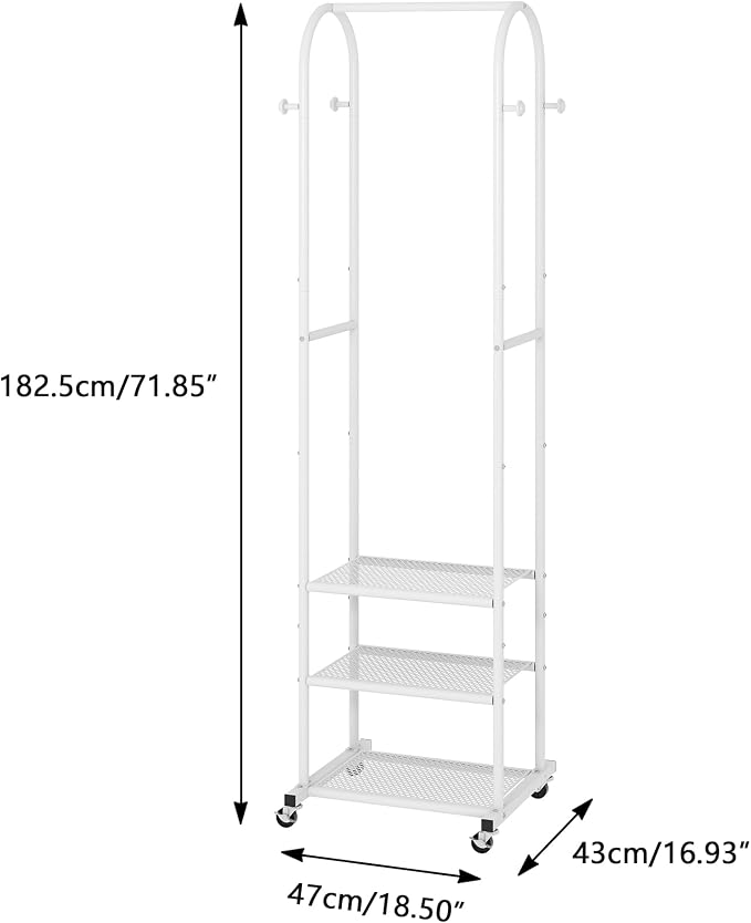 Kaitiemoo Clothing Rack, Mobile Garment Rack with Wheels & 3 Shelves, White | Heavy Duty Frame, Fits Small Spaces, 71.8 Inches Display Rack, Easy to install, White clothes rack