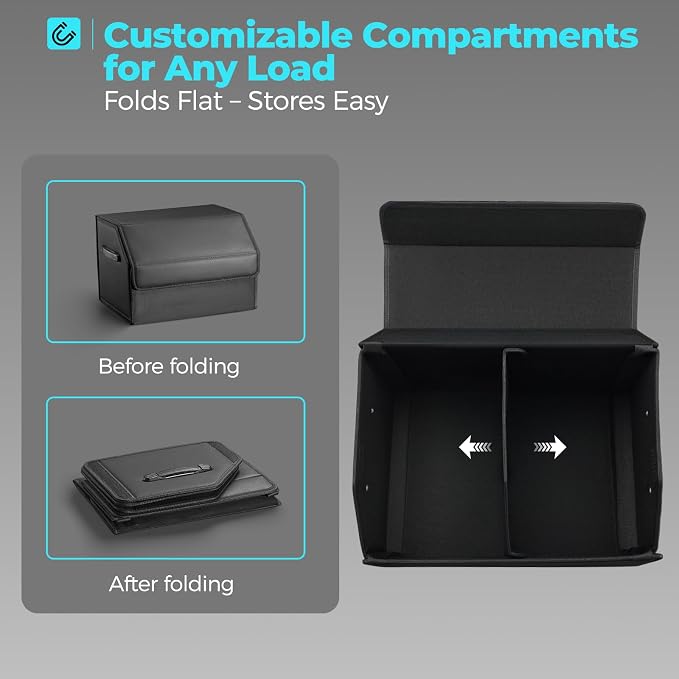 Fyzeoty Car Trunk Organizer for SUV and Sedan, Black, 16.5 inches | Leather Storage Box, Magnetic Lid, Collapsible and Adjustable, Water‑Resistant & Dust‑Proof